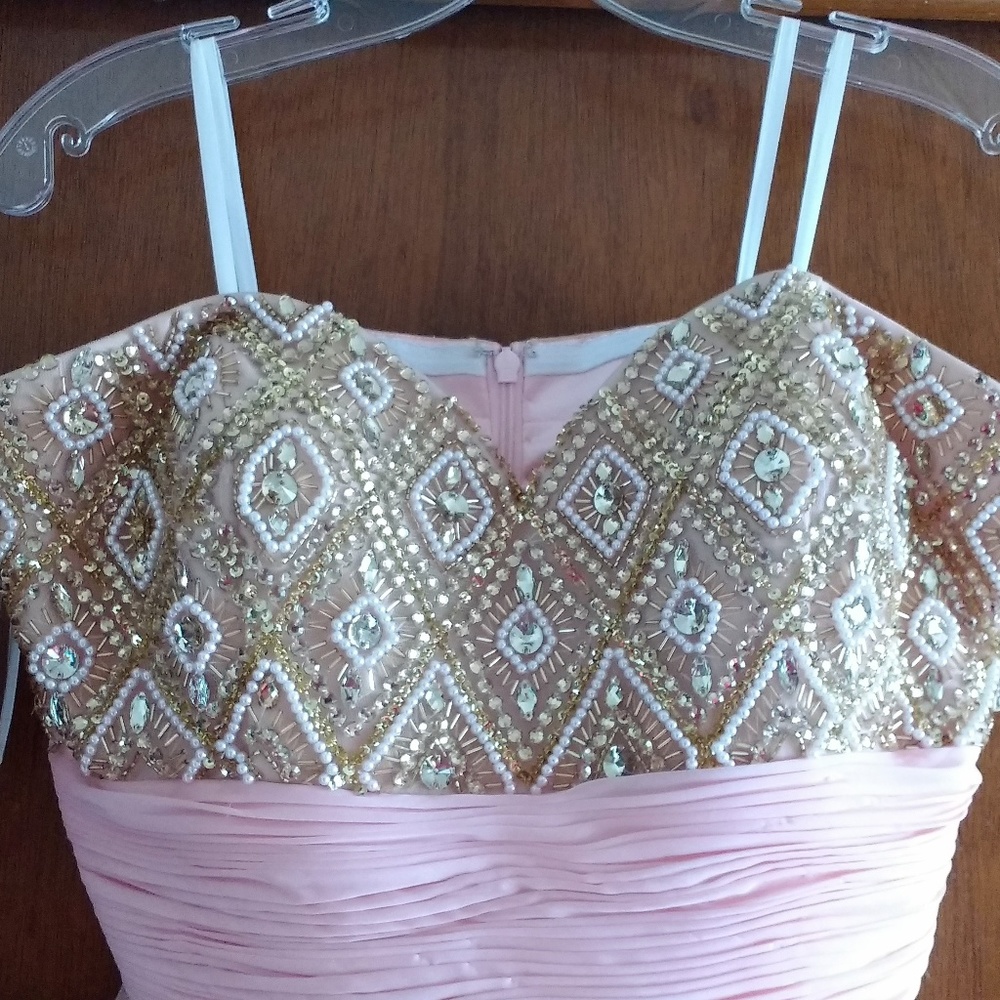 Kasey J pale pink chiffon beaded gown